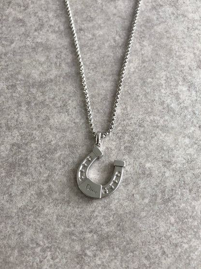 Christian Dior Logo Horseshoe Necklace Silver Vintage 7tfa27