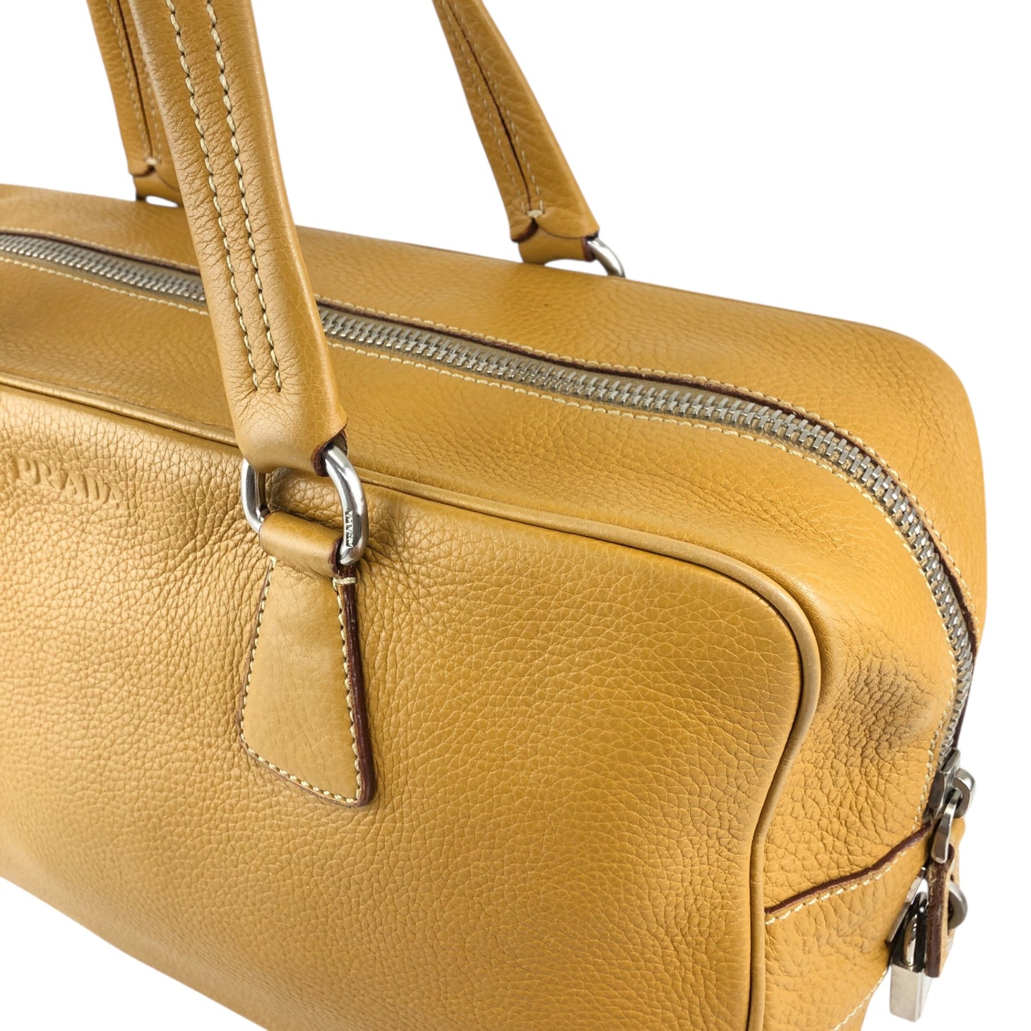 PRADALogo Embossed Small Boston bag Handbag Camel Vintage witjyy