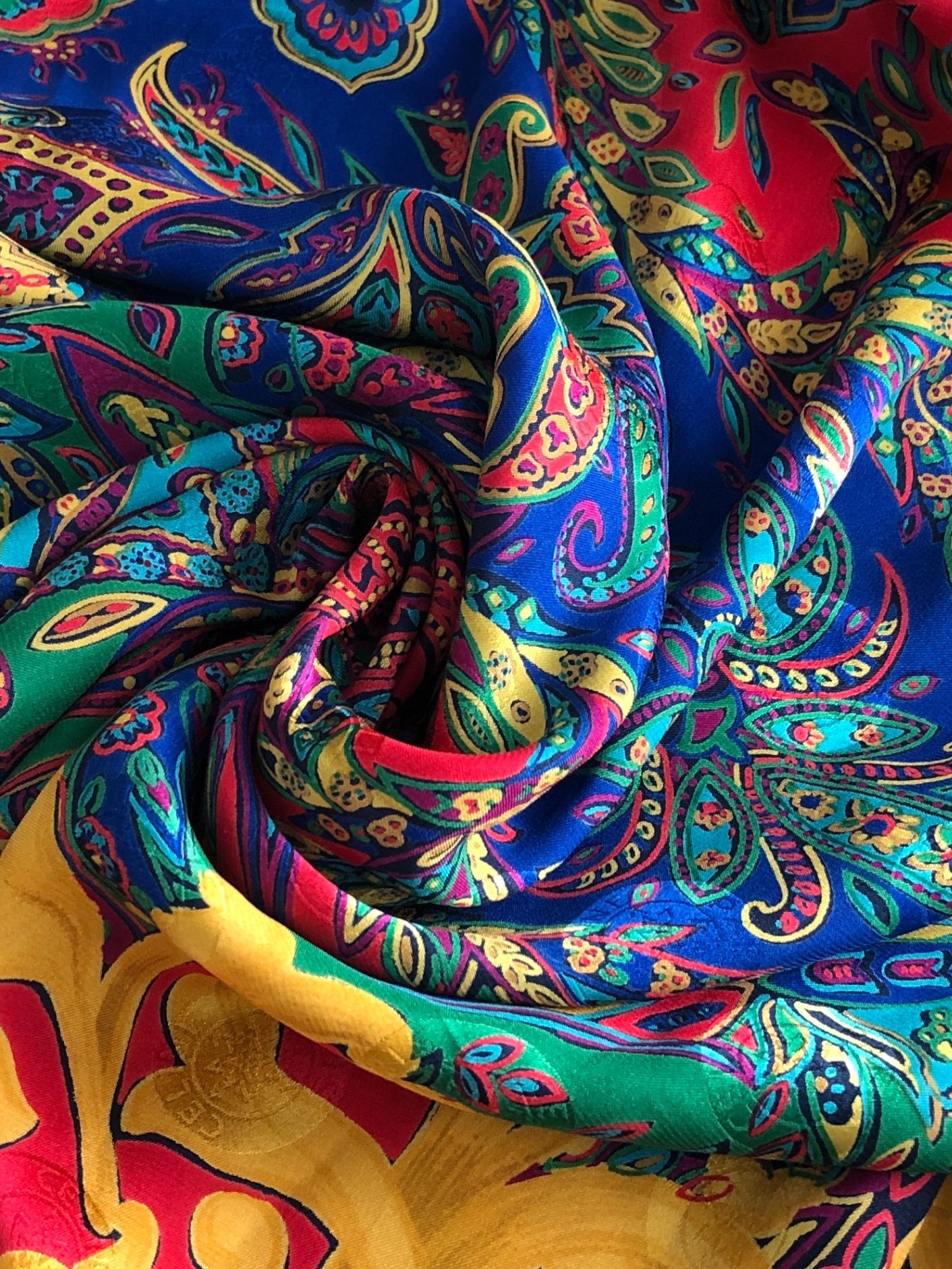 CELINE Silk Scarf Green×Blue Vintage ypfvjd
