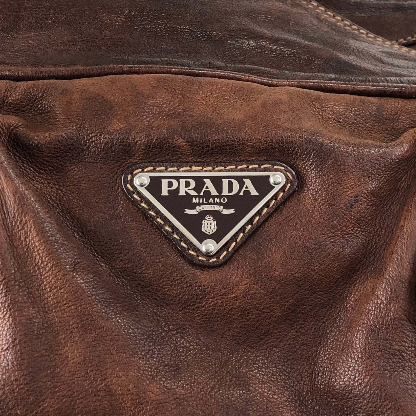 PRADA Triangle Logo Handbag Boston bag Washed leather Brown Vintage 2umzpg