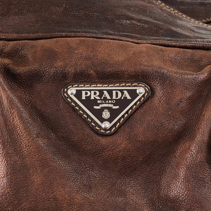 PRADA Triangle Logo Handbag Boston bag Washed leather Brown Vintage 2umzpg