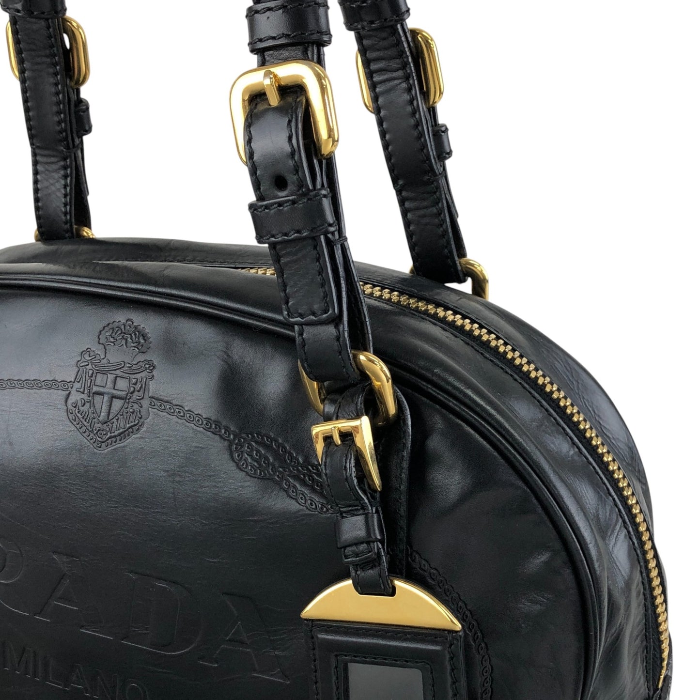 PRADA Logo Embossed Handbag Boston bag Black Vintage nvtnhw
