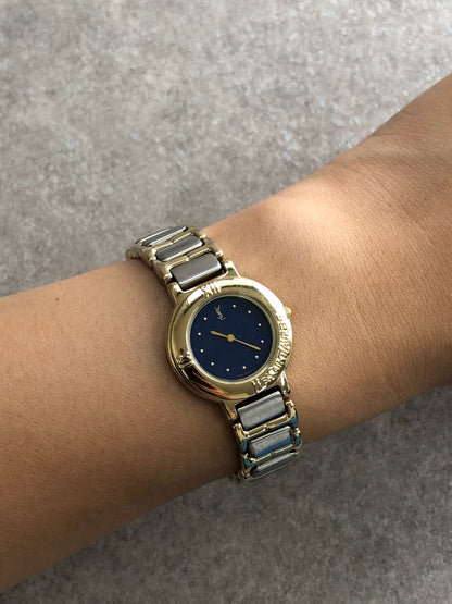 Yves Saint Laurent YSL Logo Quartz Watch Silver×Gold 2200-229789 Vintage 84wevi