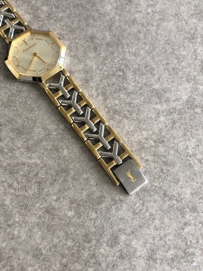 Yves Saint Laurent YSL Logo Watch Silver×Gold 4620-E62143 Vintage tivs5z