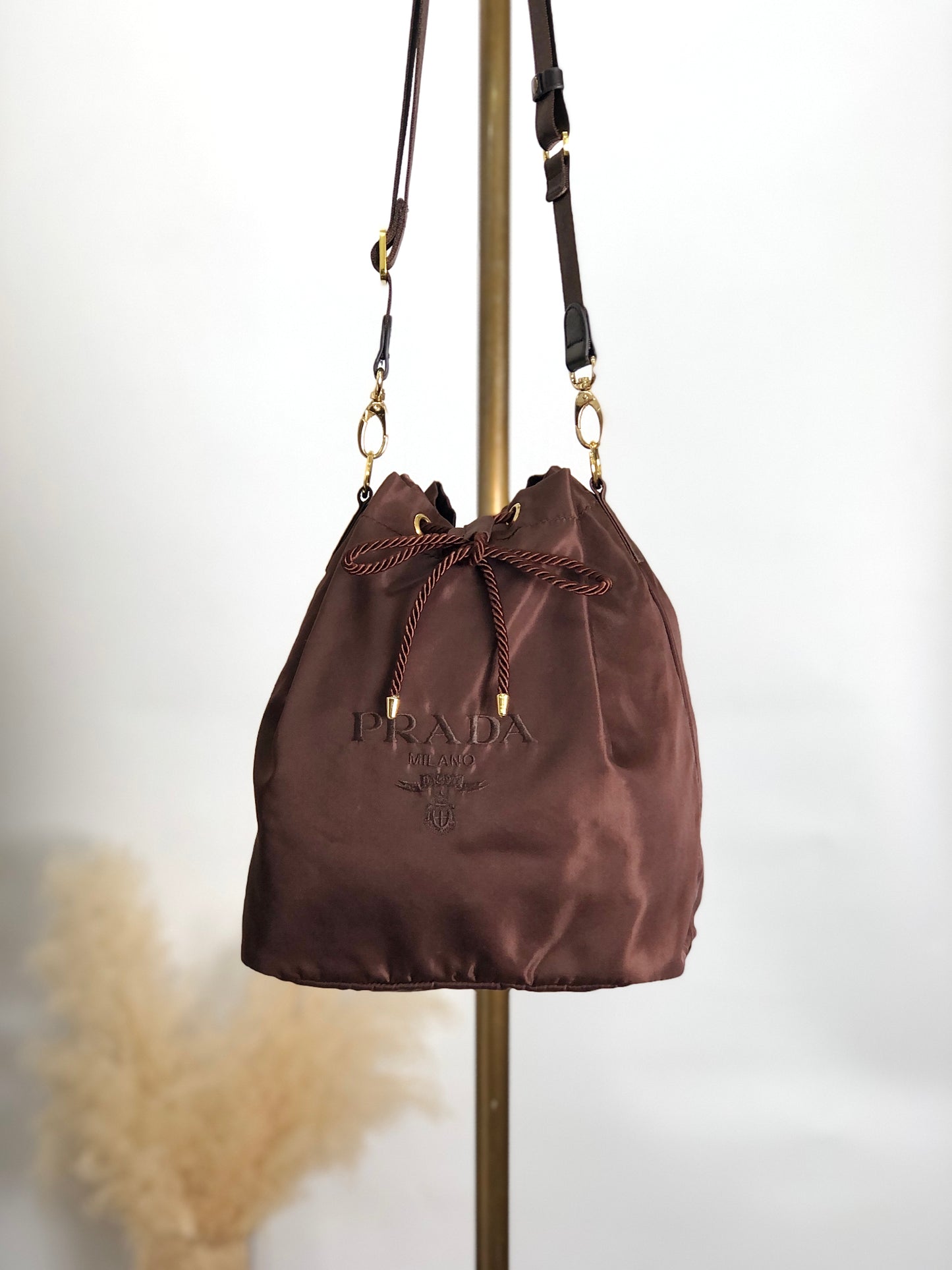 PRADA Logo Embroidery Drawstring Shoulder bag Brown Vintage ksgst8