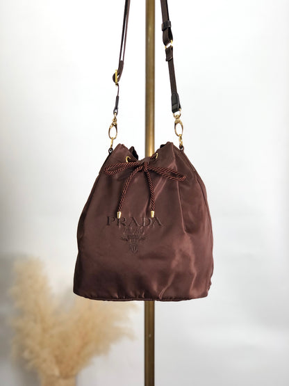 PRADA Logo Embroidery Drawstring Shoulder bag Brown Vintage ksgst8