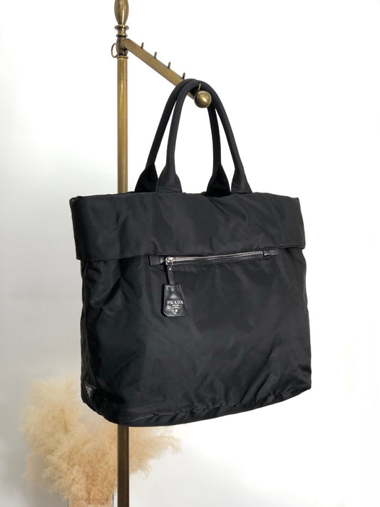 PRADA Triangle Logo Front Zipper Handbag Black Vintage eyn74f