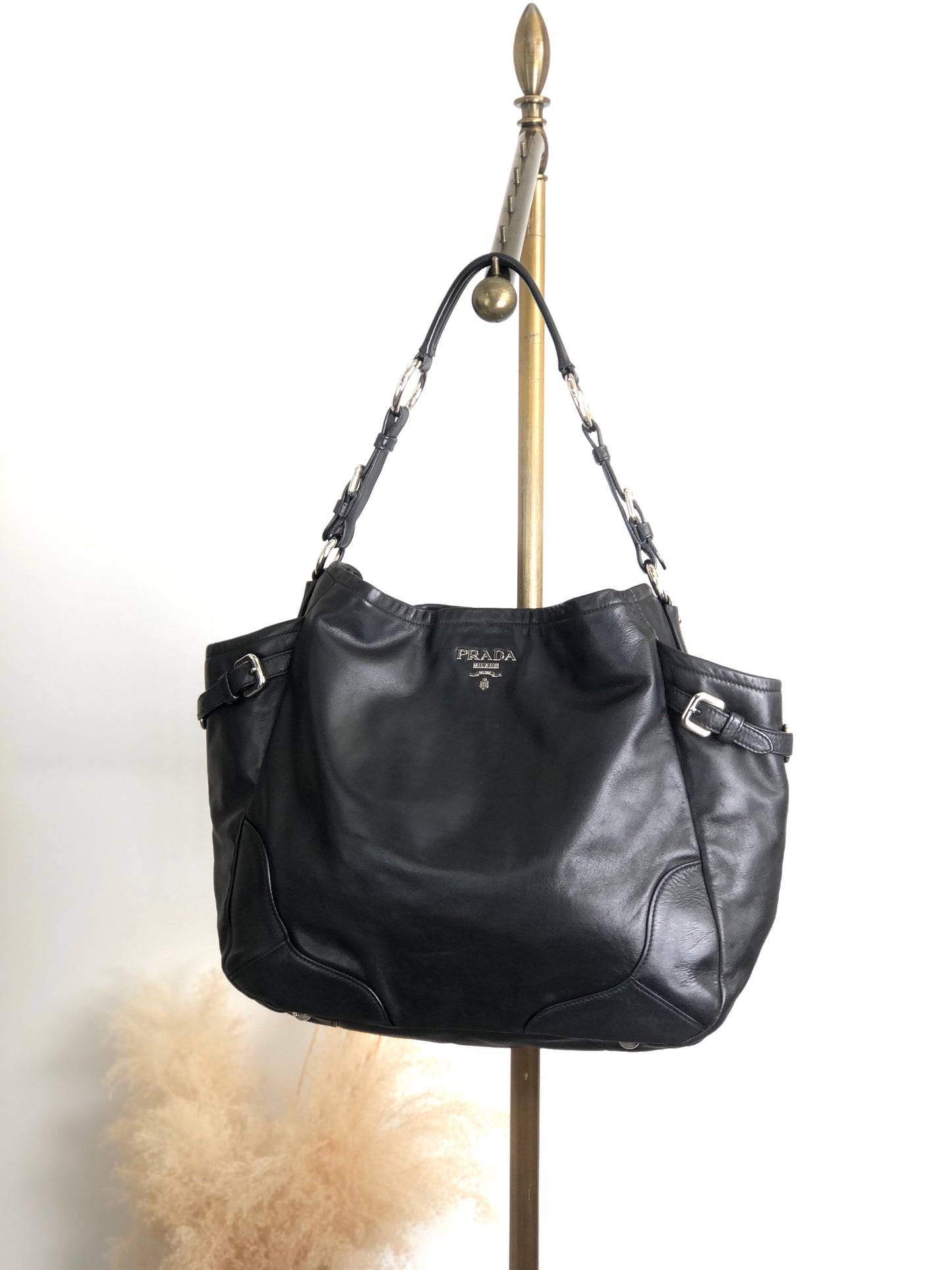 PRADA Logo Side Pocket Handbag Black Vintage ab8g6p