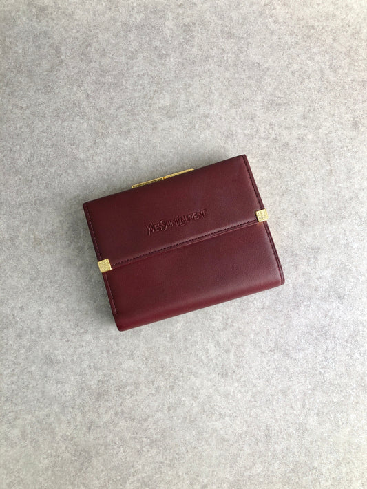 Yves Saint Laurent Logo Embossed Metal Clasp Trifold Wallet Bordeaux Vintage 4jw545