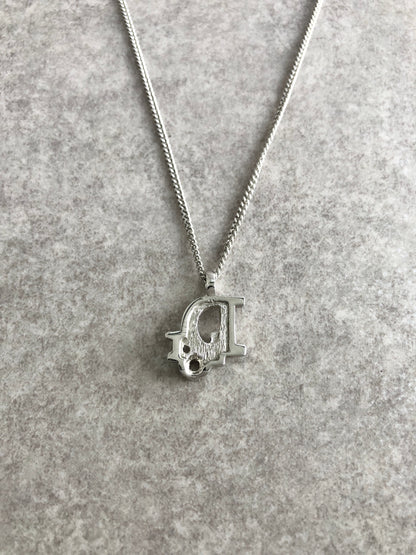 Christian Dior Logo Motif  Rhinestone Necklace Silver Vintage xp7xiu