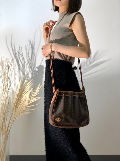 CELINE Macadam PVC Leather Drawstring Shoulder bag Brown Vintage hw5asw