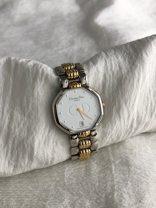 Christian Dior CD Logo Quartz Watch Silver×Gold 45.204 Vintage kh8utm