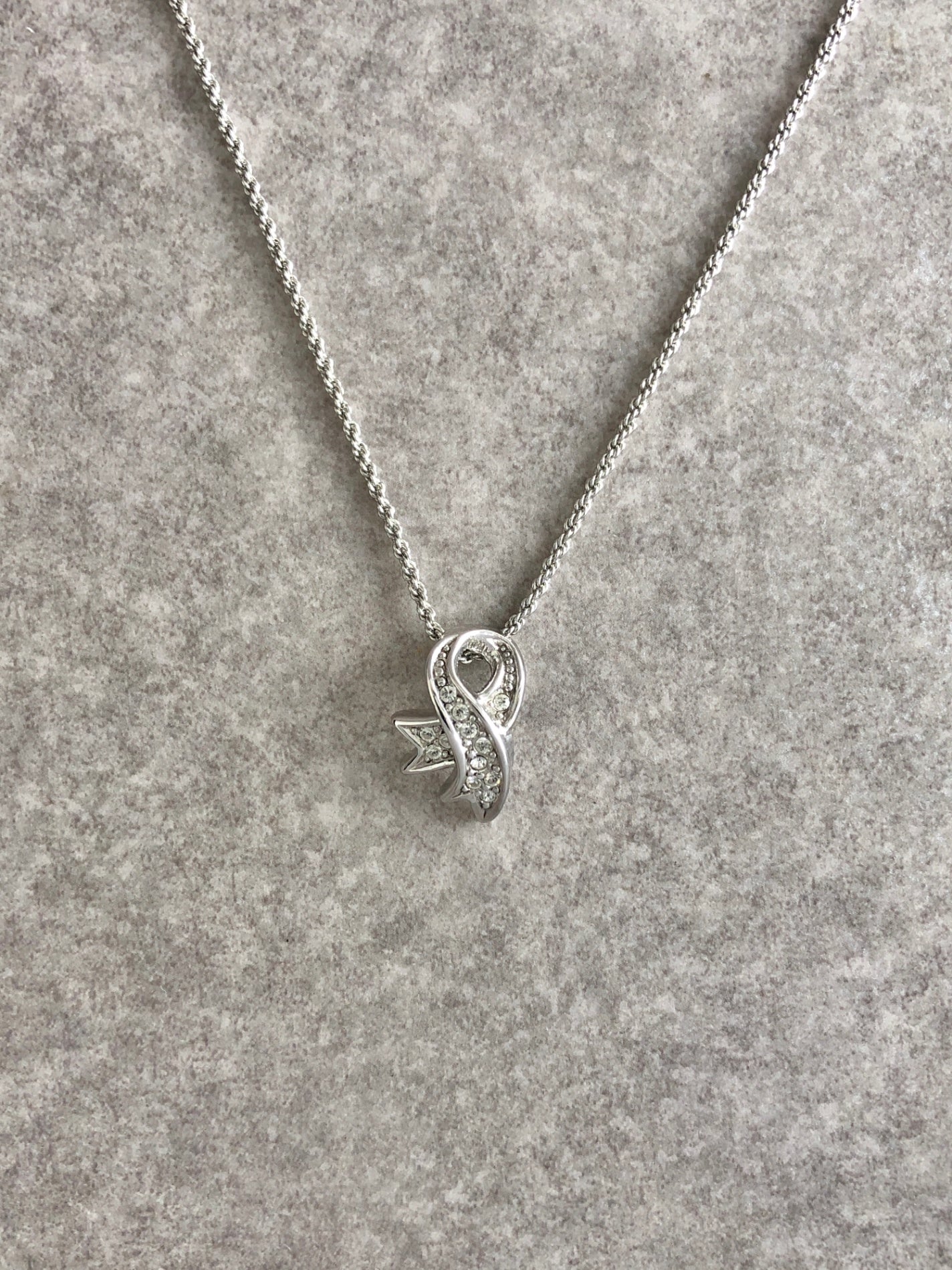 Christian Dior Ribbon Motif Rhinestone Necklace Silver Vintage 42u4s3