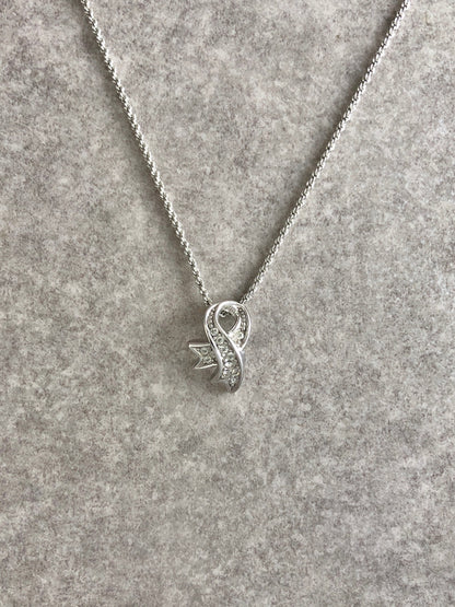 Christian Dior Ribbon Motif Rhinestone Necklace Silver Vintage 42u4s3