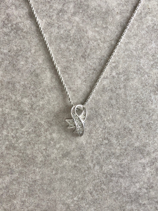 Christian Dior Ribbon Motif Rhinestone Necklace Silver Vintage 42u4s3