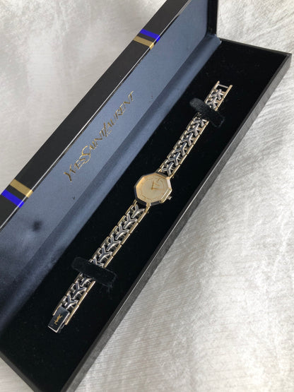 Yves Saint Laurent YSL Logo Octagon Quartz Watch Gold×Silver 2200-241762 Vintage fsc8bp