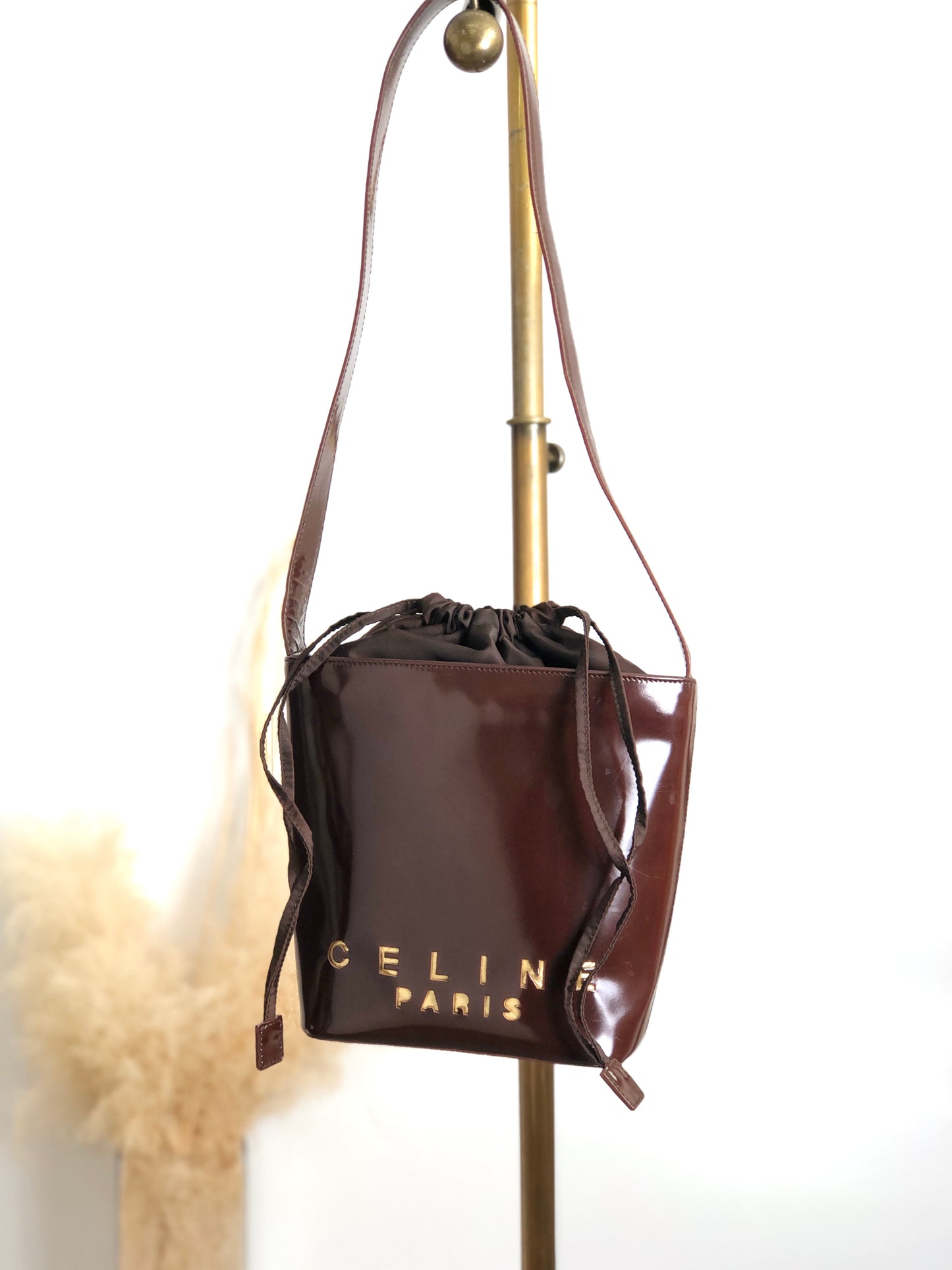 CELINE Logo Drawstring Shoulder bag Brown Vintage sjvk4h