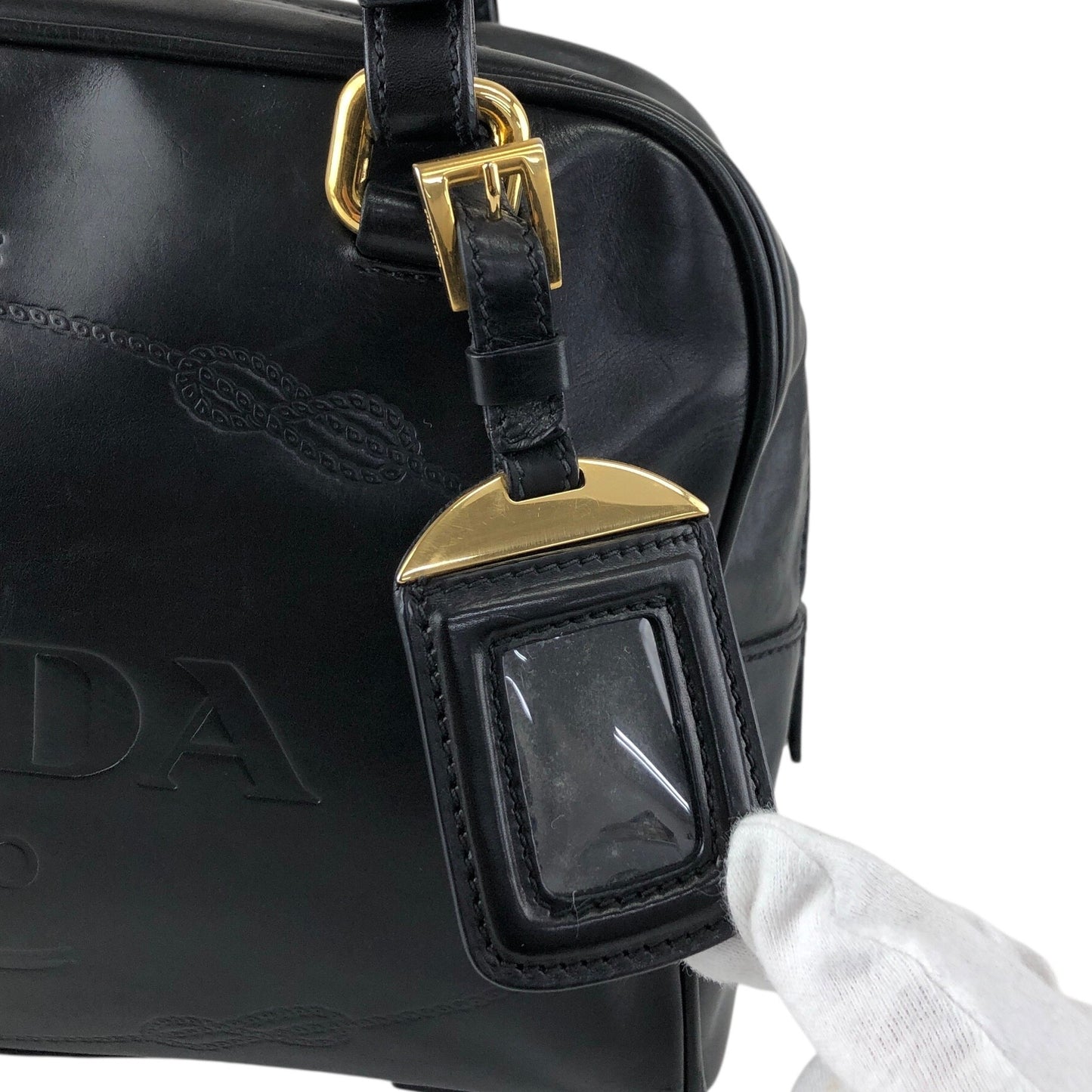 PRADA Logo Embossed Handbag Boston bag Black Vintage nfyku6