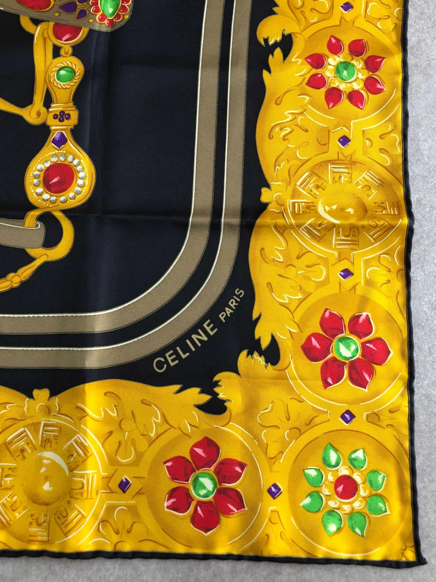 CELINE Arc de Triomphe Scarf Silk Black×Yellow Vintage vz5ks2