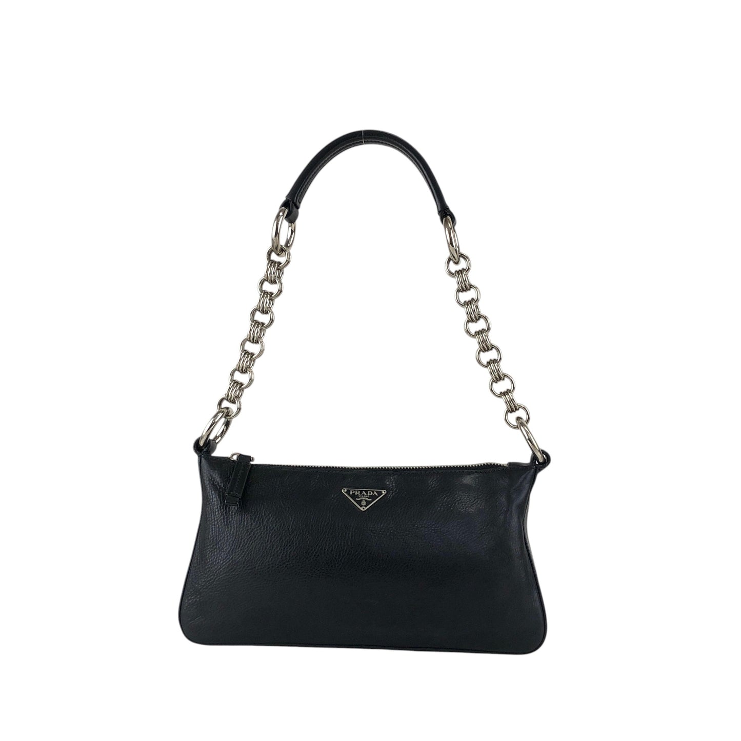 PRADA Triangle Logo Chain Handle Shoulder bag Hobobag Black Vintage zft4vr