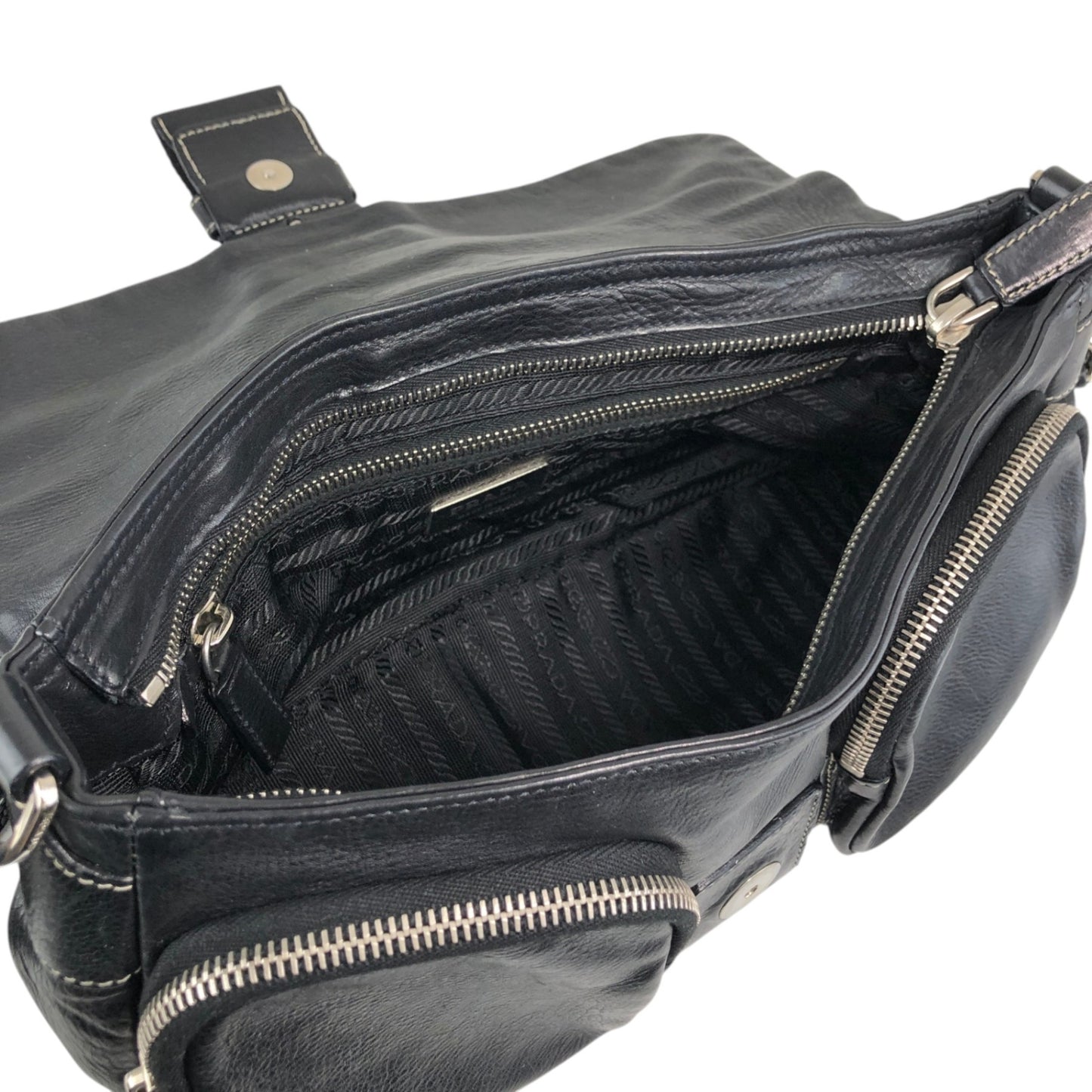 PRADA Triangle Logo Front Buckle Double Pocket Shoulder bag Black Vintage vjewiz