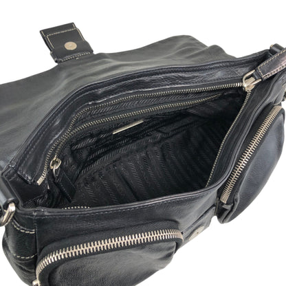 PRADA Triangle Logo Front Buckle Double Pocket Shoulder bag Black Vintage vjewiz