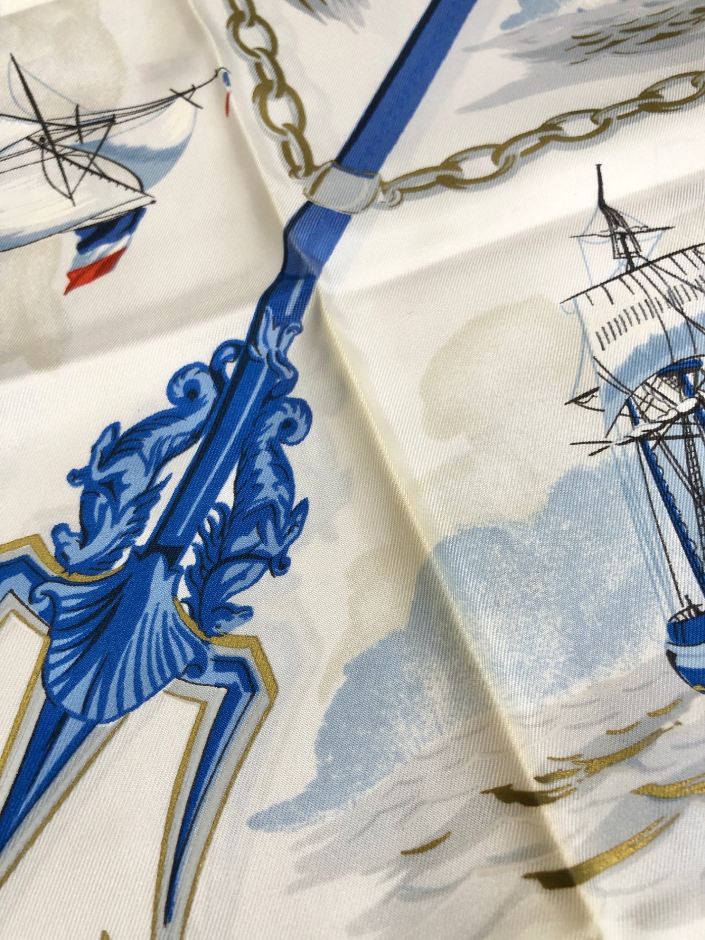 HERMES Silk Scarf White×Blue Vintage avkayp