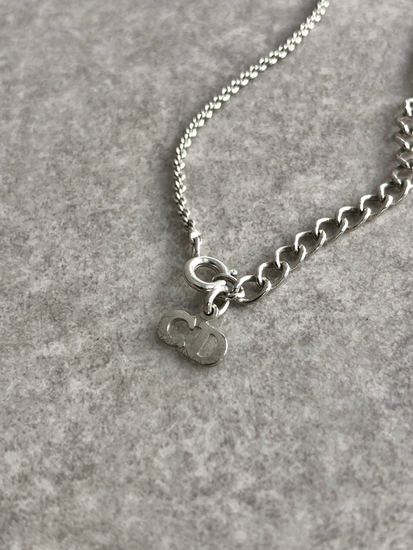 Christian Dior CD Logo Rhinestone Necklace Silver Vintage nidi67