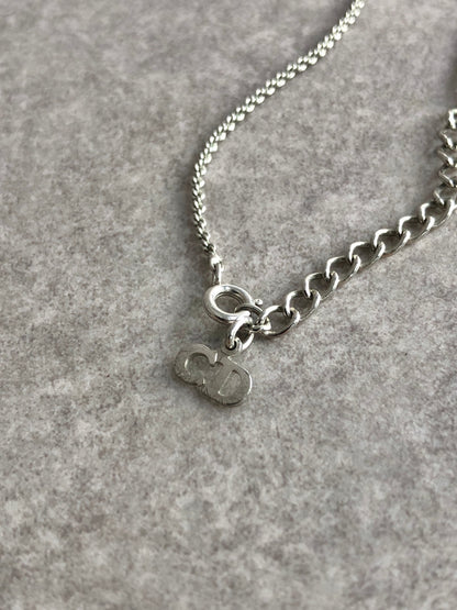 Christian Dior CD Logo Rhinestone Necklace Silver Vintage nidi67