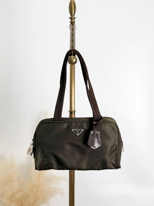 PRADA Tessuto Triangle Logo Padlock Shoulder bag Khaki Vintage kyp5pt