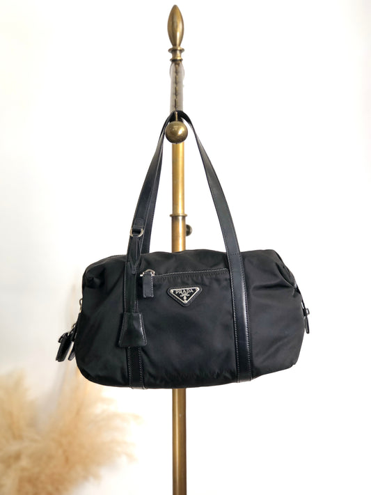 PRADA Tessuto Triangle Logo Small Boston bag Handbag Black Vintage pde7em