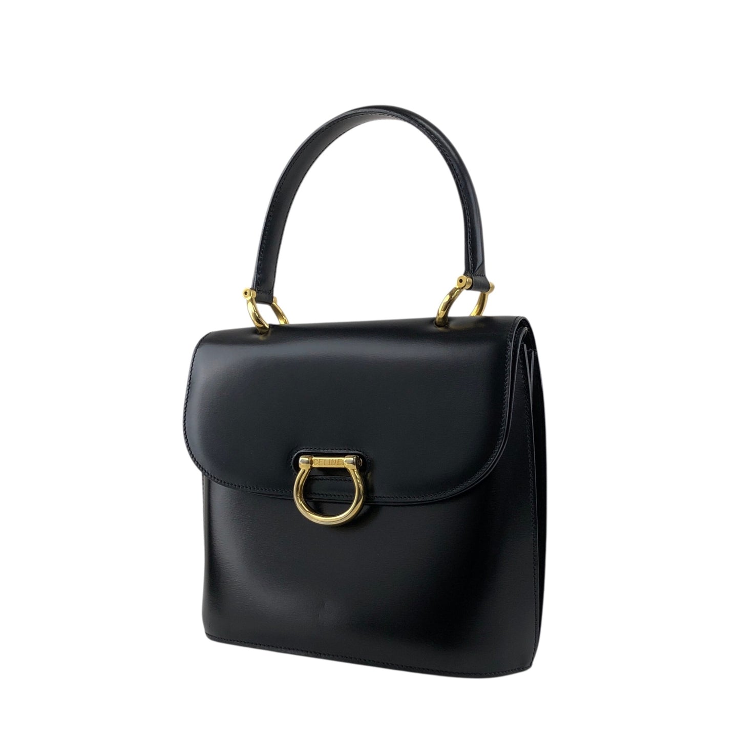 CELINE Gancini Double Flap Handbag Black Vintage j7dwju