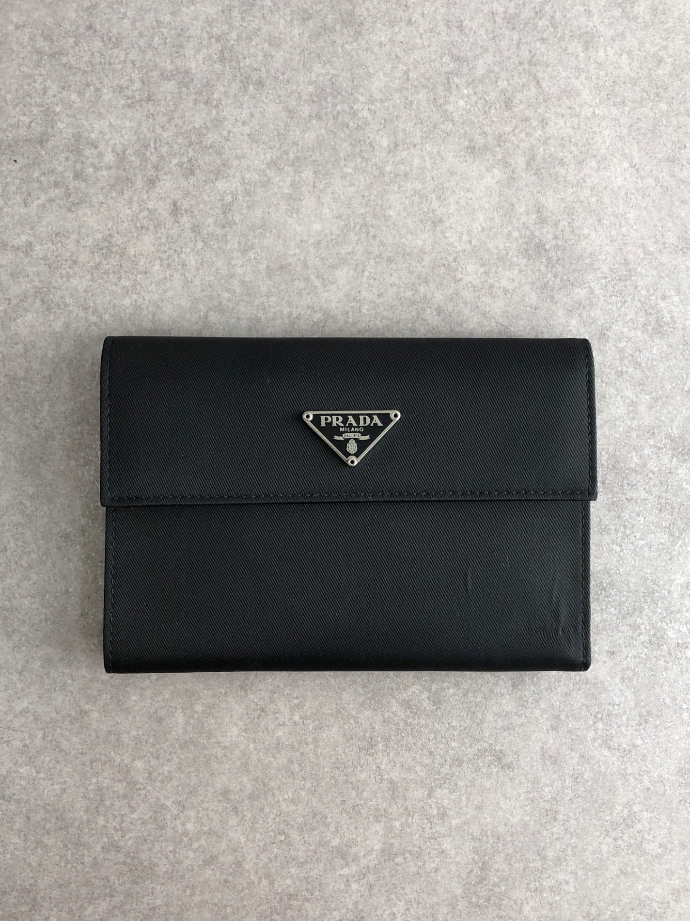 PRADA Triangle Logo Trifold Wallet Black Vintage vdir46