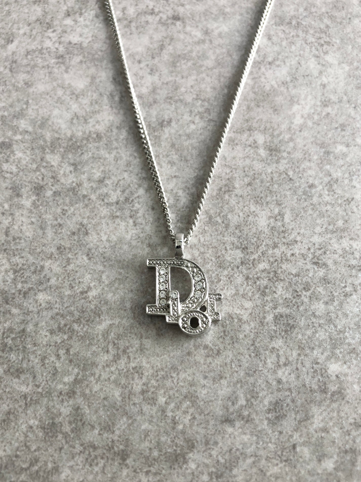 Christian Dior Logo Motif  Rhinestone Necklace Silver Vintage xp7xiu