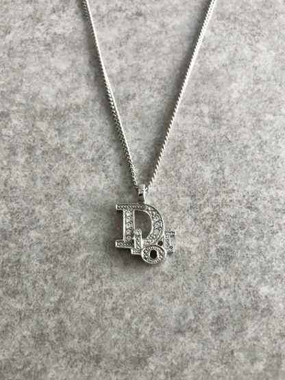 Christian Dior Logo Motif  Rhinestone Necklace Silver Vintage xp7xiu