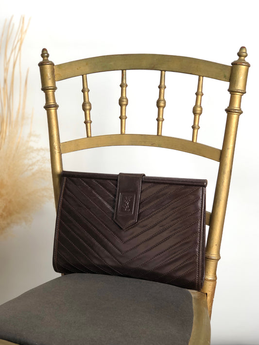 Yves Saint Laurent YSL Logo Bias Stitch Clutch bag Brown Vintage sj7x37