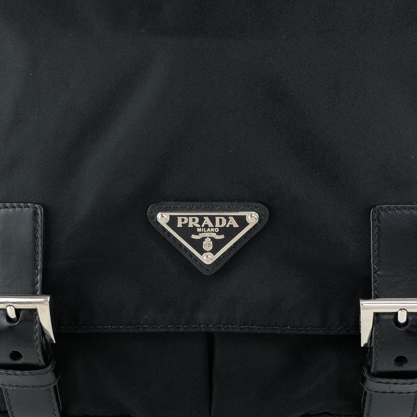 PRADA Tessuto Triangle Logo Front Buckle Double Pocket Shoulder bag Black Vintage yejdb4