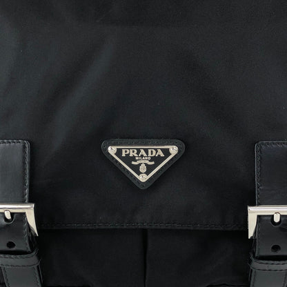 PRADA Tessuto Triangle Logo Front Buckle Double Pocket Shoulder bag Black Vintage yejdb4