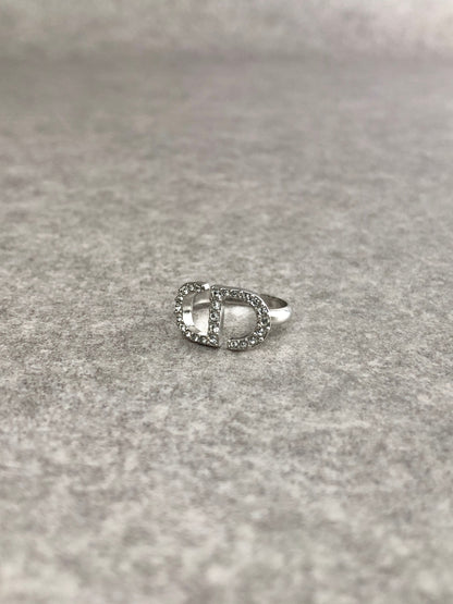 Christian Dior CD Logo Motif Rhinestone Ring Silver PETIT CD Vintage di6pz4
