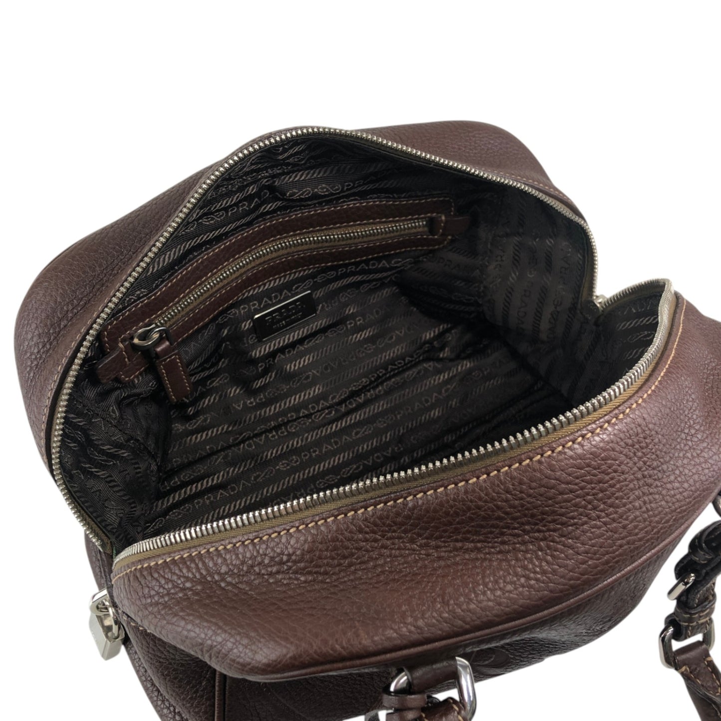 PRADA Logo Embossed Handbag Boston bag Brown Vintage pn7xkf