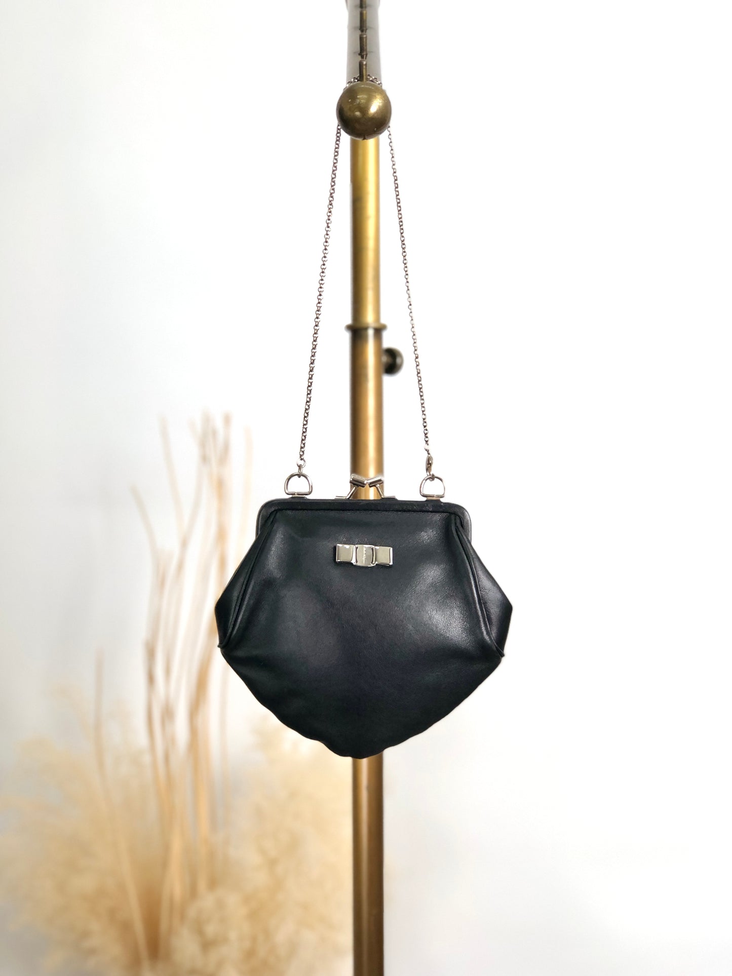 Salvatore Ferragamo Vala Metal Clasp Chain Shoulder bag Black Vintage yntg52