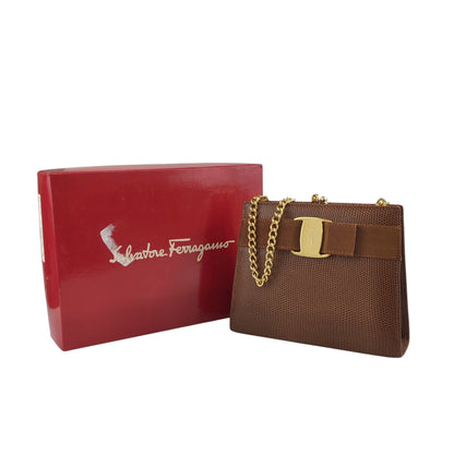 Salvatore Ferragamo Vala Ribbon Chain Shoulder bag Brown Vintage i66575