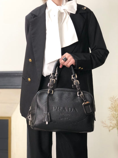 PRADA Logo Embossed Small Boston bag Handbag Black Vintage f8pbsn