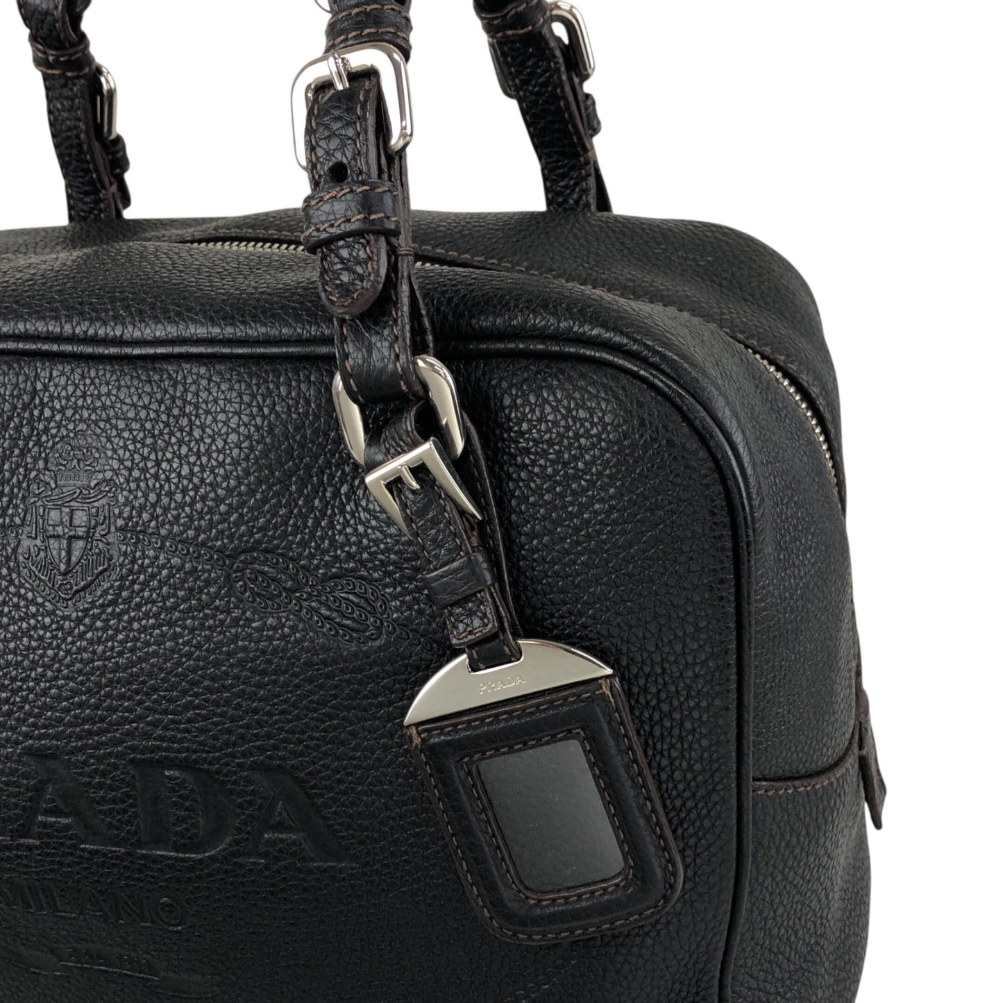 PRADA Logo Embossed Small Boston bag Handbag Black Vintage f8pbsn