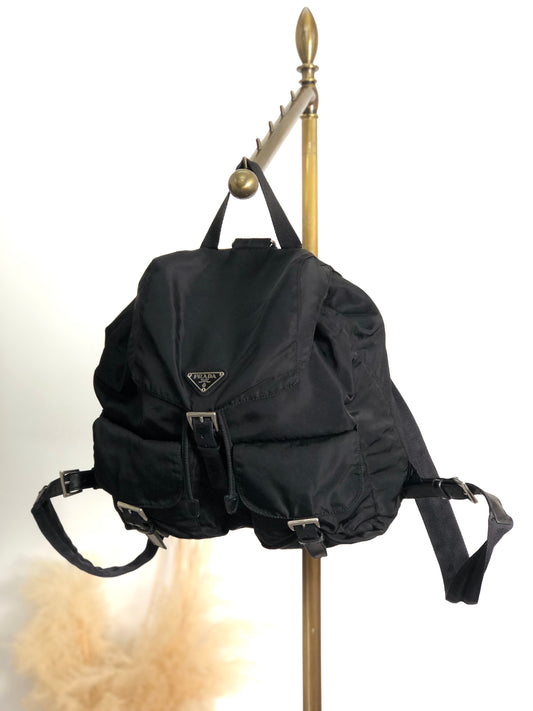 PRADA Tessuto Triangle Logo Double Pocket  Backpack Black Vintage 3pvjac