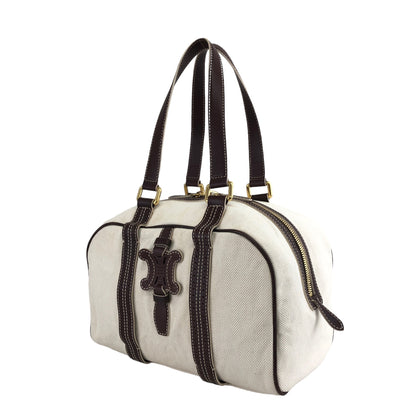 CELINE Blason Canvas Leather Small Boston bag White Vintage kti2jr