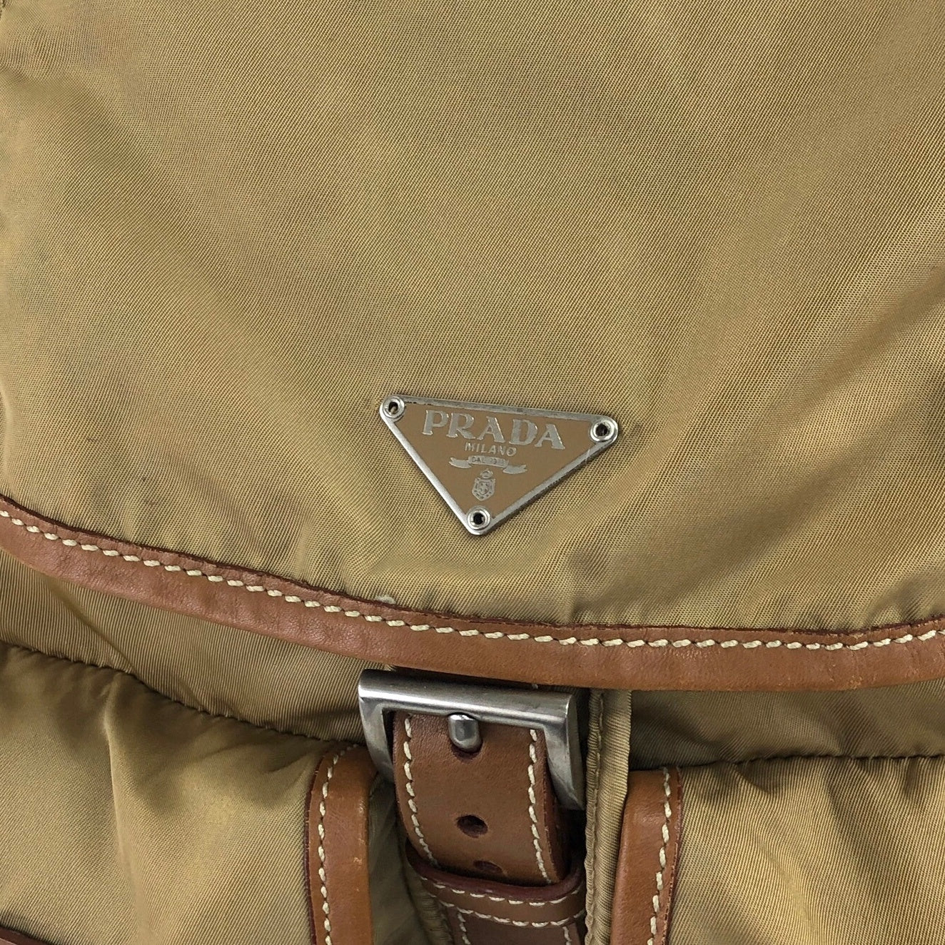 PRADA Triangle Logo Double Pocket Backpack Beige Vintage v5h7mi