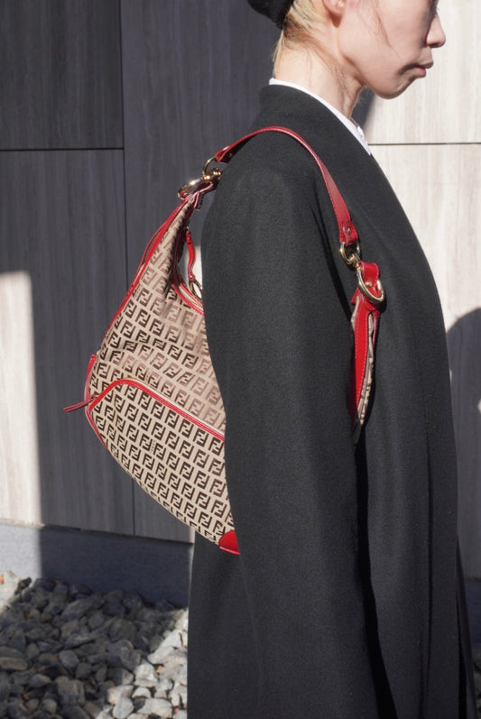 FENDI Zucchino Charm Shoulder bag Brown×Red Vintage wcjejn