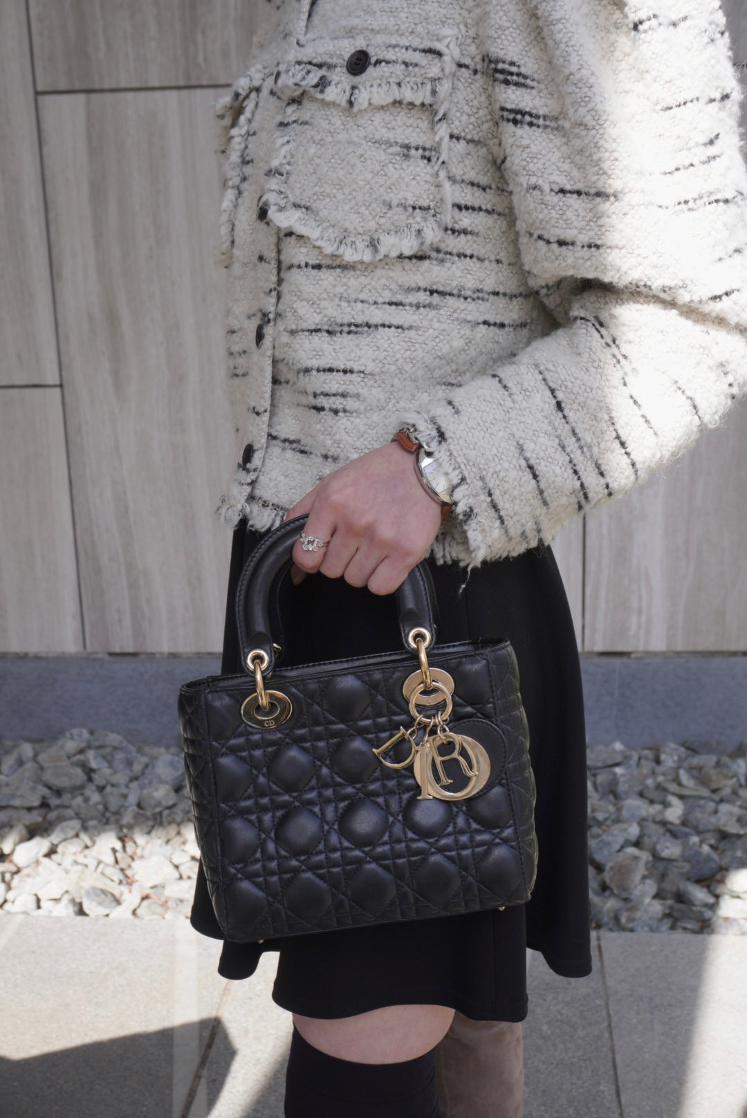 Christian Dior Lady Dior Cannage Logo Charm Handbag Black Vintage 885e65