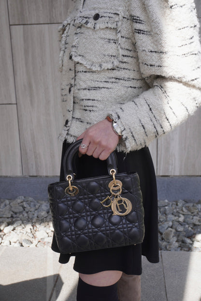 Christian Dior Lady Dior Cannage Logo Charm Handbag Black Vintage 885e65